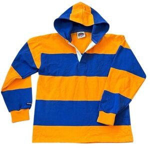 Barbarian Striped Rugby Polo Hoodie Blue/Orange Thick Cotton Blank Canada Large
